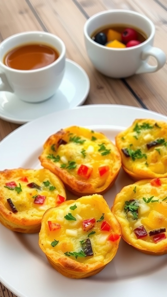 Savory egg muffins with vegetables and cheese on a white plate, garnished with herbs, on a rustic table.